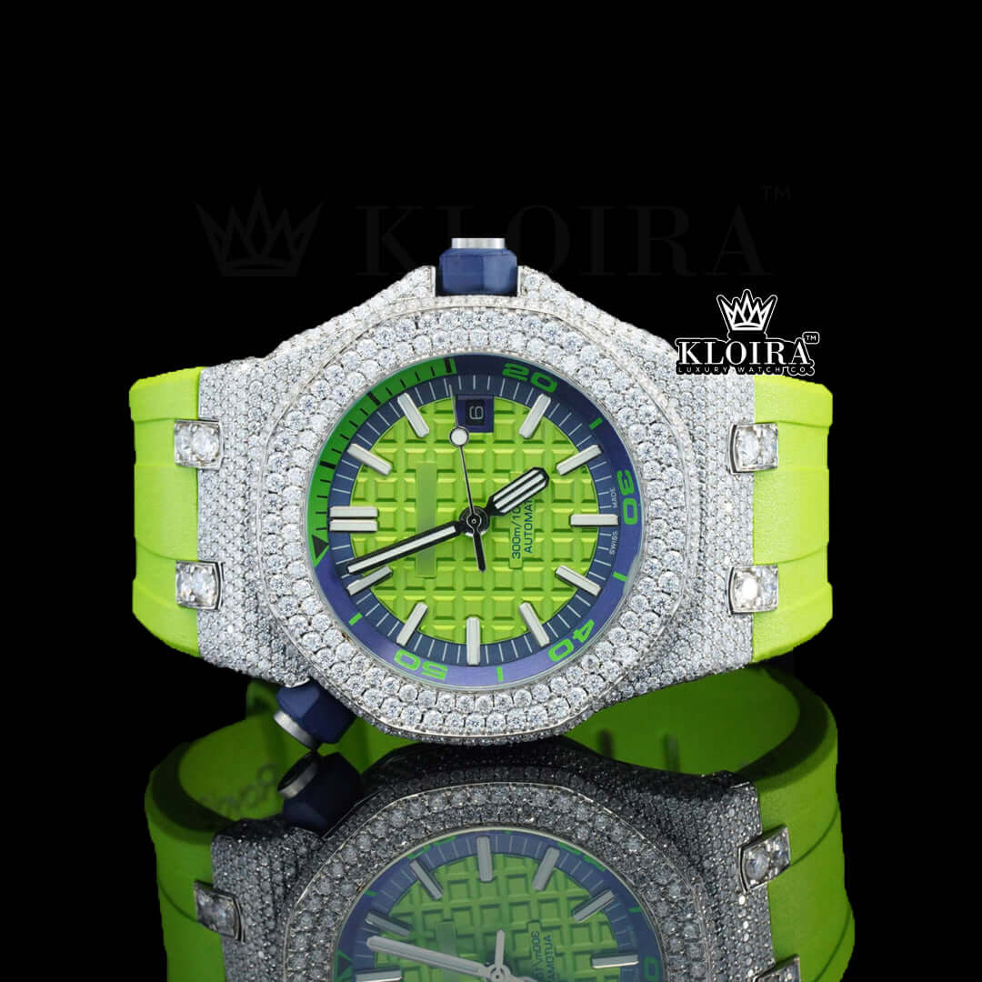 Neon Moissanite Diamond Watch 14K Gold VVS 14 Carat 42mm Front