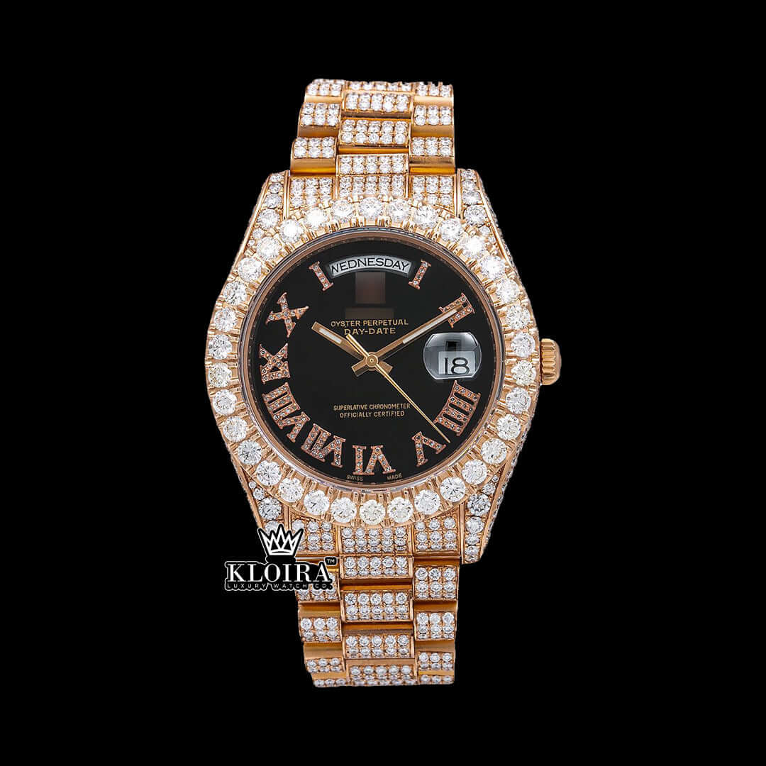 Bust Down Day Date watch with black dial, 14K gold plating, and moissanite diamonds, luxury timepiece.