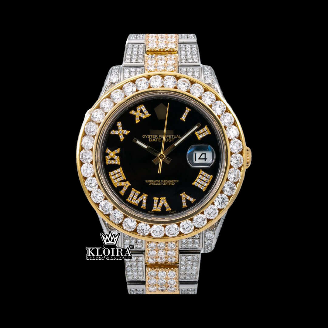 Iced Out Rolex watch with black face, gold accents, and diamond-studded bezel, showcasing luxury and elegance.