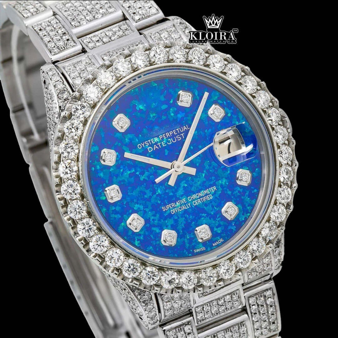 Ocean Blue Dial Diamond Markers Moissanite Diamond Watch Front View