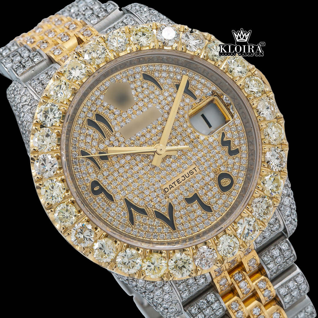 Rolex Cosmograph Daytona watch with Arabic numerals, yellow gold accents, and moissanite diamonds, 42mm luxury timepiece.