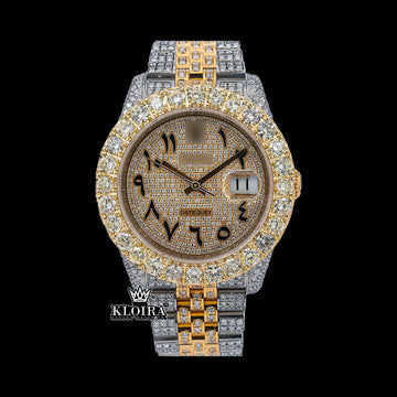 Rolex Cosmograph Daytona watch with Arabic numerals, yellow gold accents, and moissanite diamonds, 42mm luxury timepiece.
