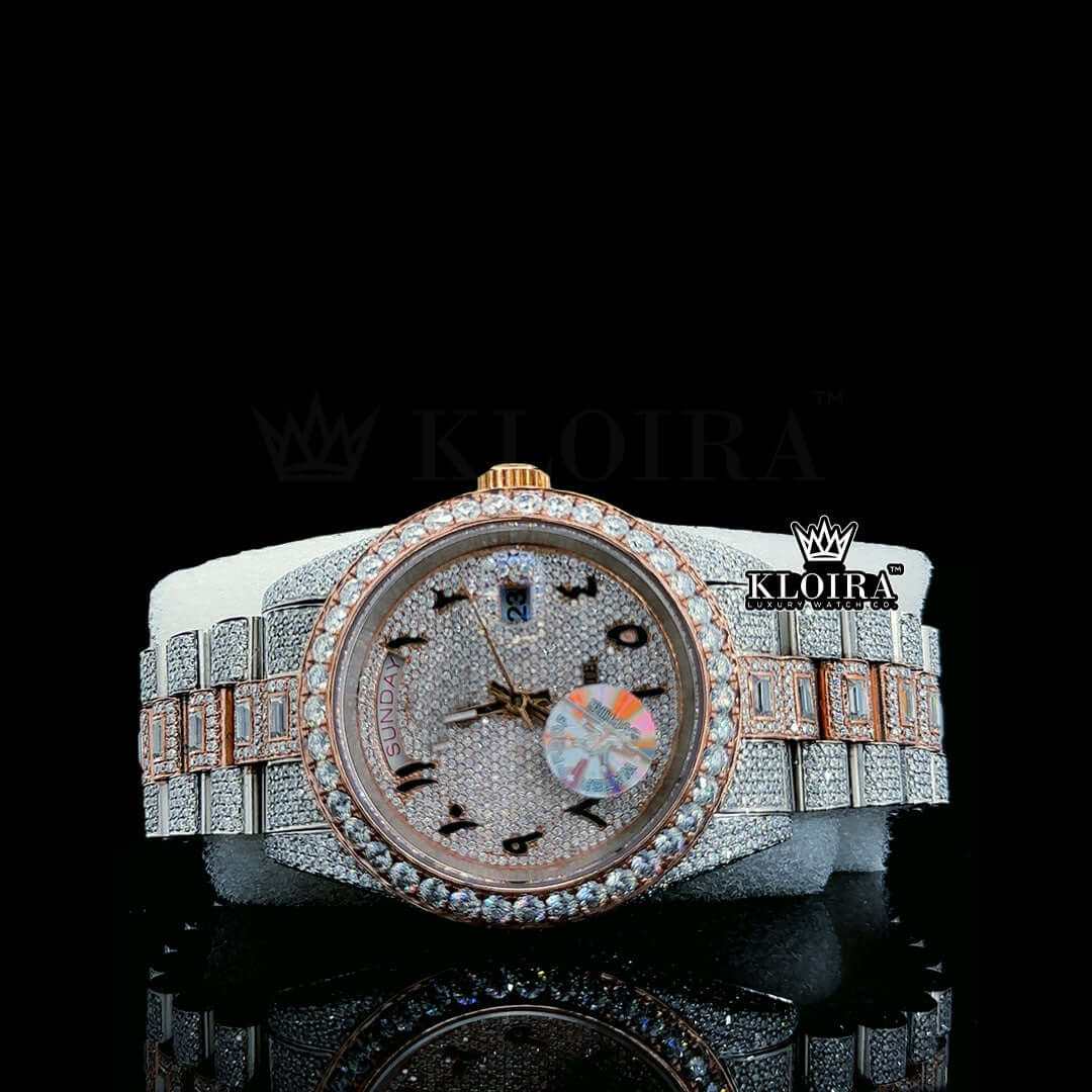 Rolex Moissanite watch with rose gold accents, diamond-encrusted dial, and automatic movement features.