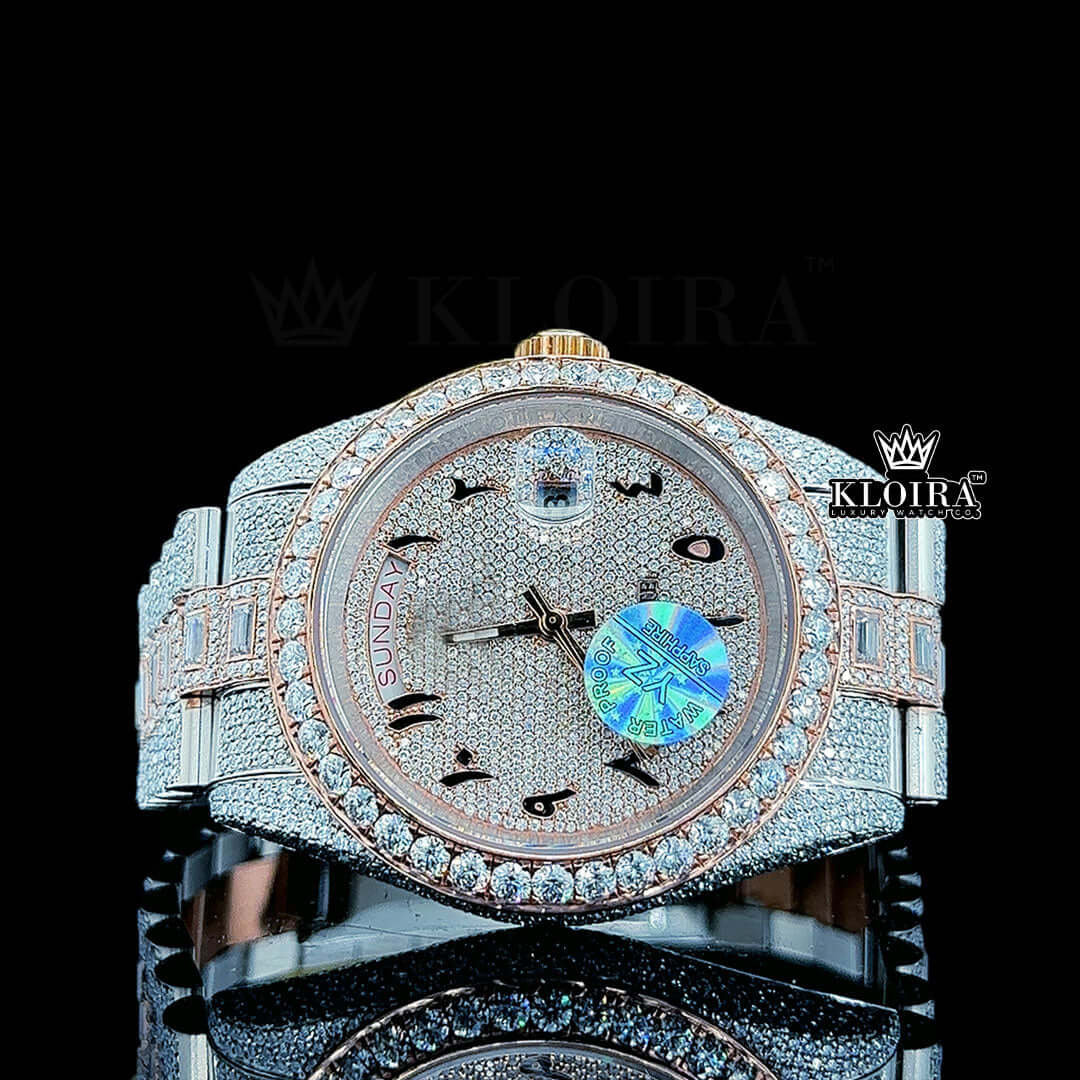 Rolex Moissanite watch with rose gold accents, diamond-encrusted dial, and automatic movement features.