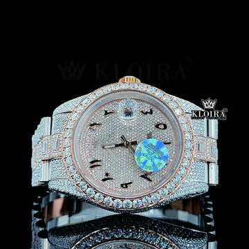 Rolex Moissanite watch with rose gold accents, diamond-encrusted dial, and automatic movement features.