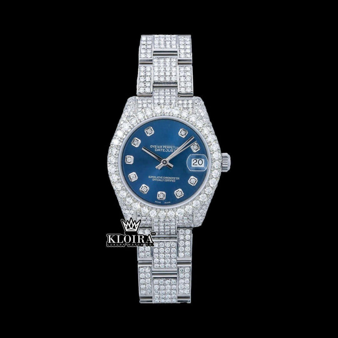 Oyster Perpetual Inspired Datejust Blue Face Moissanite Watch 14K Gold 42mm Front View