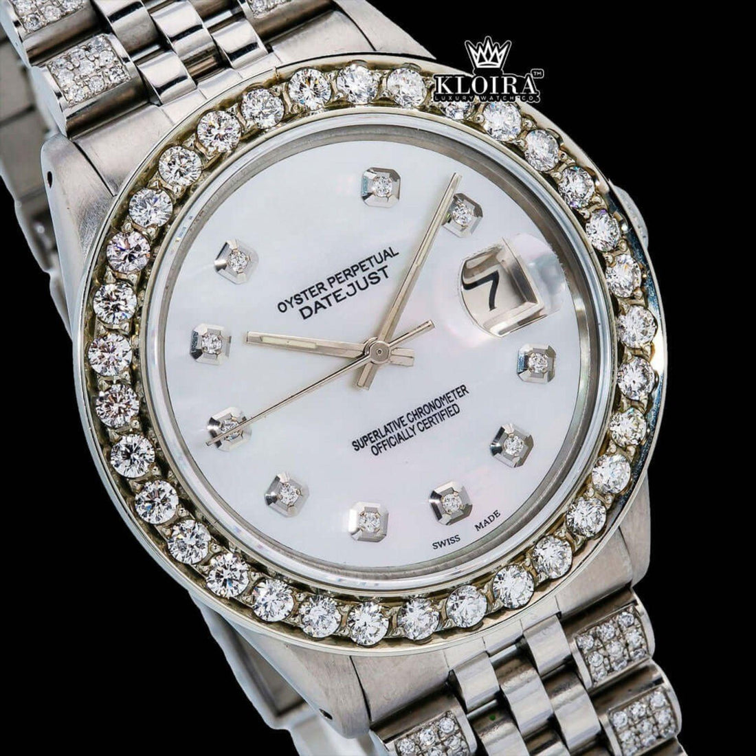 Oyster Perpetual Inspired Datejust Mother of Pearl Moissanite Watch 14K Gold Front View