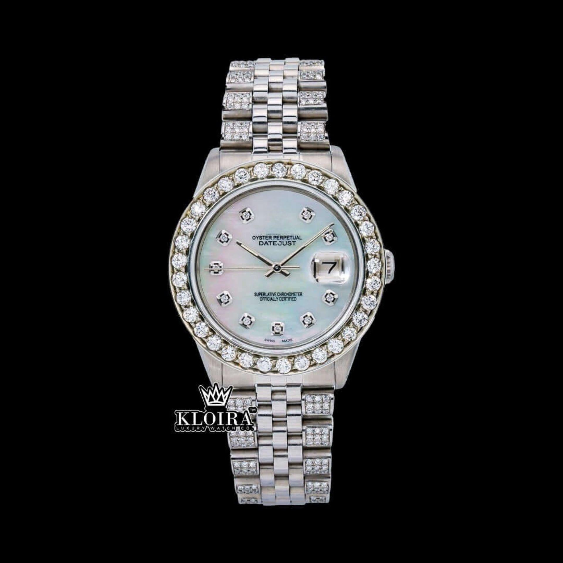 Oyster Perpetual Inspired Datejust Mother of Pearl Moissanite Watch 14K Gold Front View