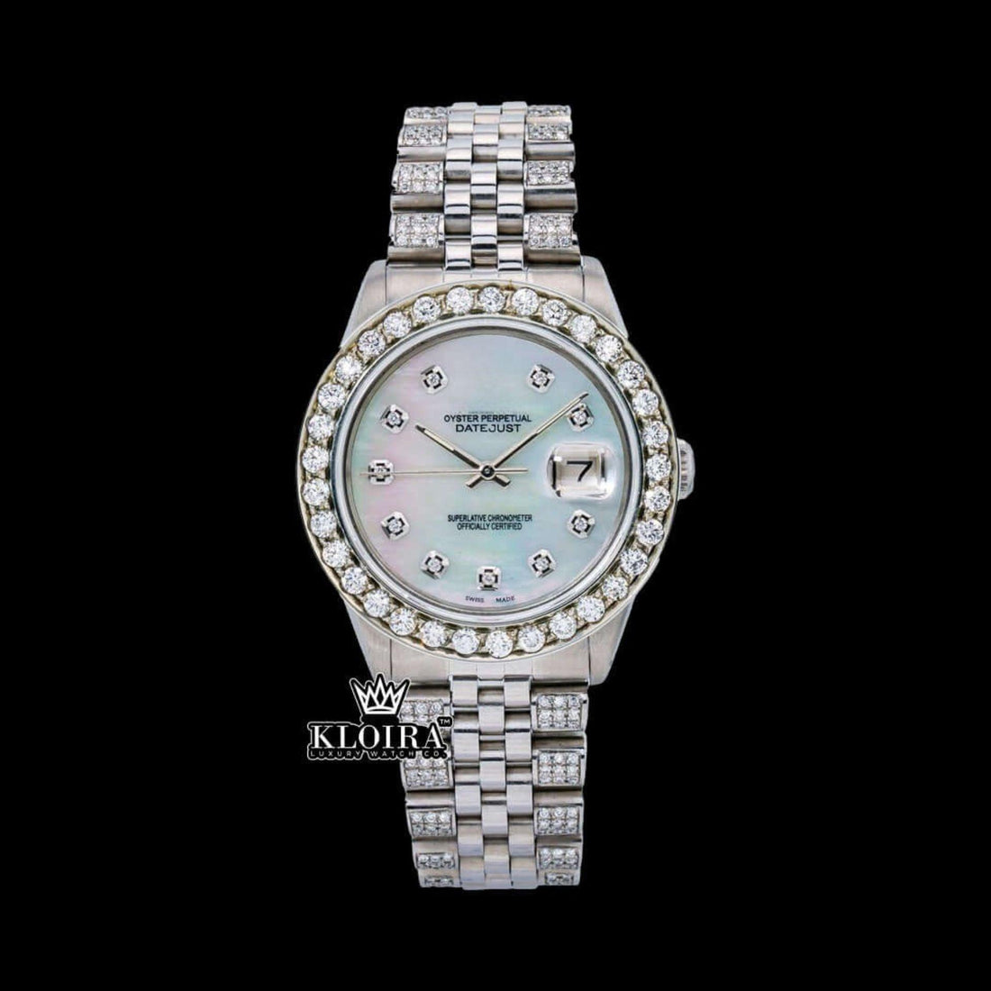 Oyster Perpetual Inspired Datejust Mother of Pearl Moissanite Watch 14K Gold Front View