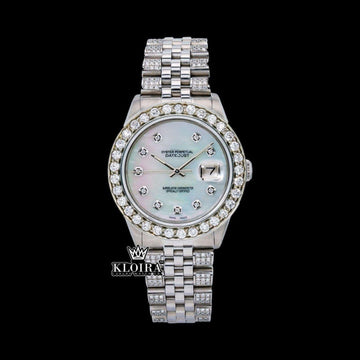 Oyster Perpetual Inspired Datejust Mother of Pearl Moissanite Watch 14K Gold Front View