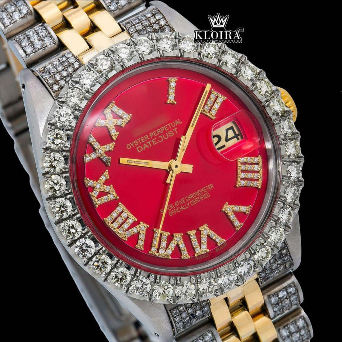 Oyster Perpetual Inspired Datejust Red Dial Gold Roman Moissanite Watch 42mm Front View