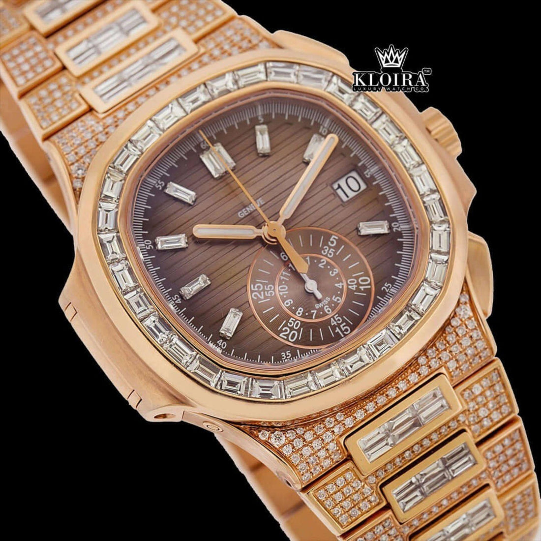Patek Philippe Inspired Rose Gold Baguette Moissanite Diamond Watch Front View