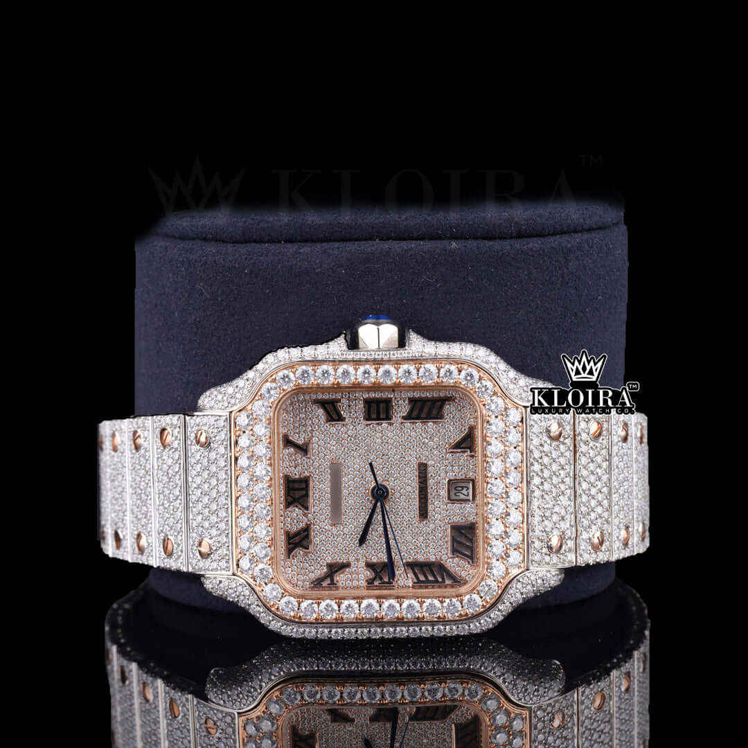 Pavé Rose Gold Roman Cartier Diamond Watch front view showcasing square pavé-set dial with black Roman numerals, rose-gold moissanite bezel, sapphire crown, and pavé link bracelet.