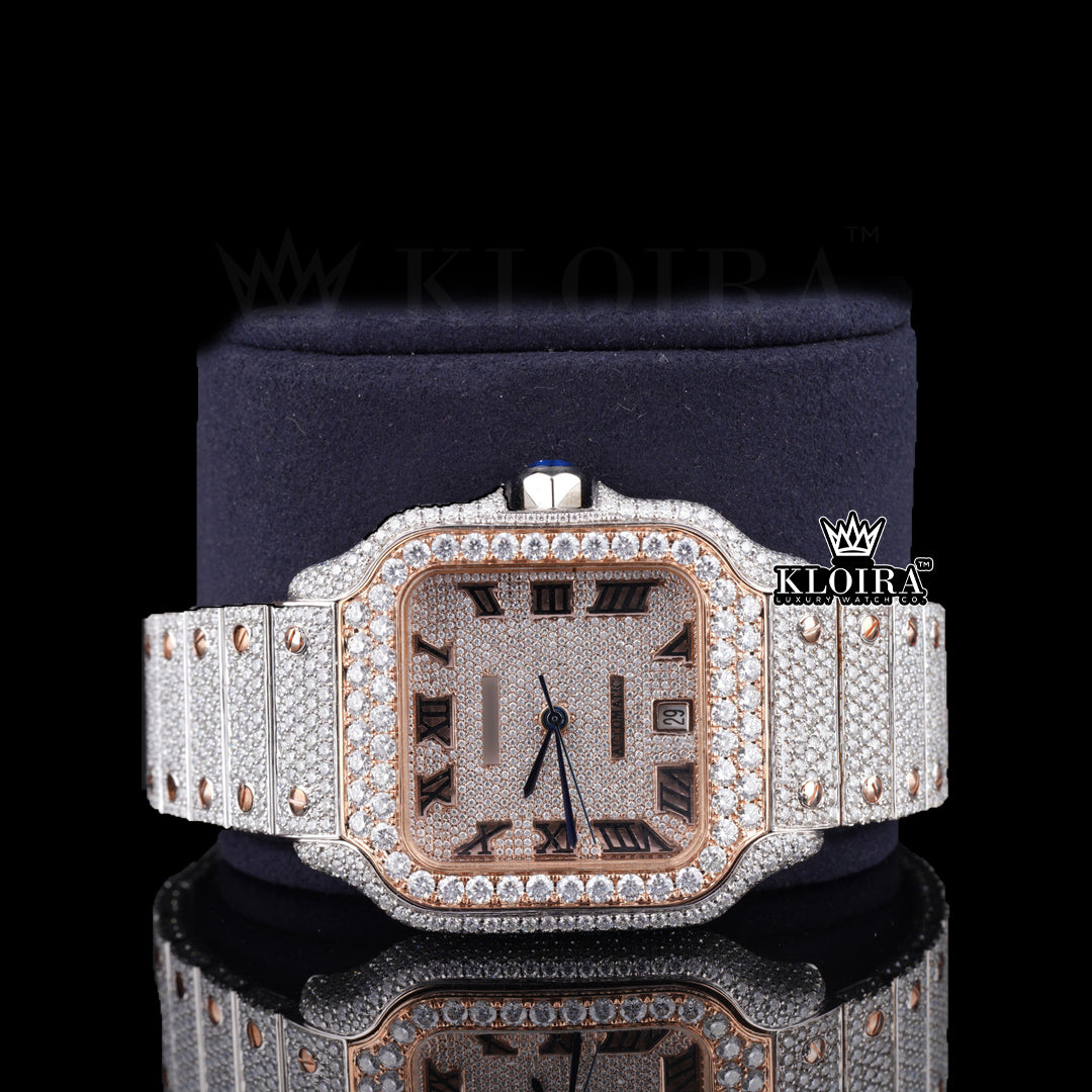 Pavé Rose Gold Roman Cartier Diamond Watch front view showcasing square pavé-set dial with black Roman numerals, rose-gold moissanite bezel, sapphire crown, and pavé link bracelet.