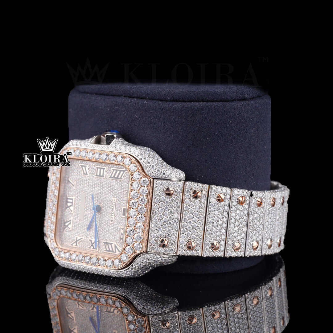 Pavé Rose Gold Roman Cartier Diamond Watch front view showcasing square pavé-set dial with black Roman numerals, rose-gold moissanite bezel, sapphire crown, and pavé link bracelet.