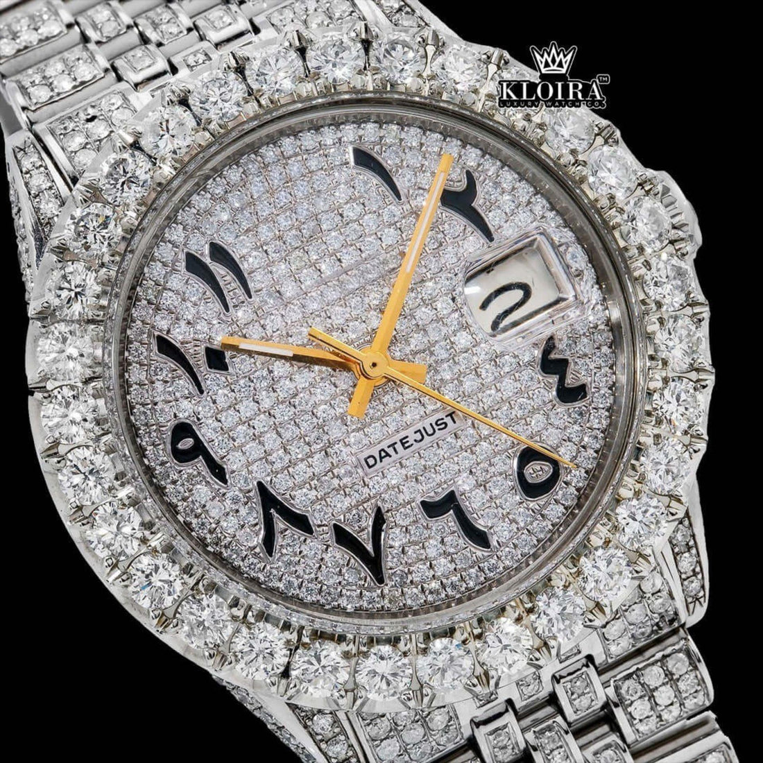 Pave Dial Arabic Numerals Silver Tone Date Display Iced Out Moissanite Watch Front View