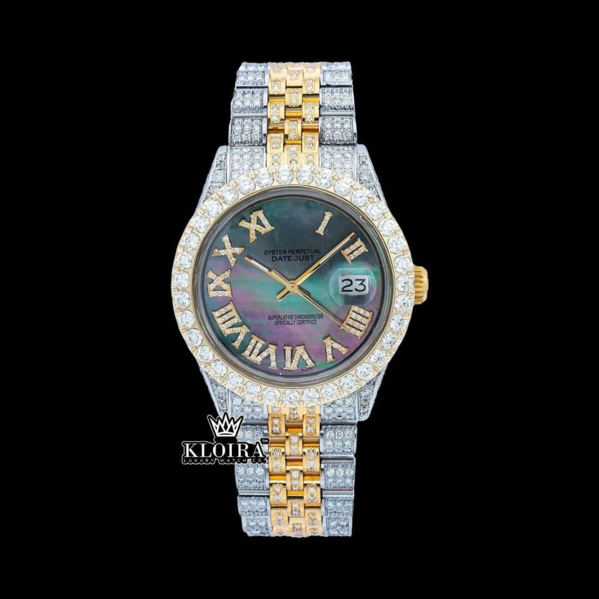 Pearl Green Dial Roman Numerals Two Tone Iced Out Moissanite Watch Front View