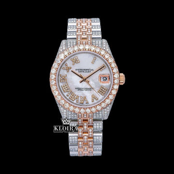 Pearl glint Moissanite Diamond Watch 14K Gold VVS 18 Carat 42mm Front View