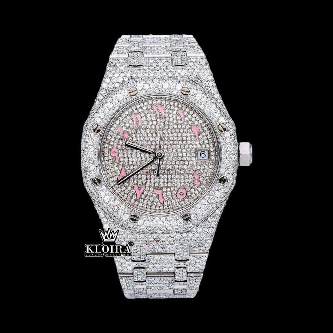 Pink Arabic Numerals Dial Full Iced Out AP Moissanite Watch Front View