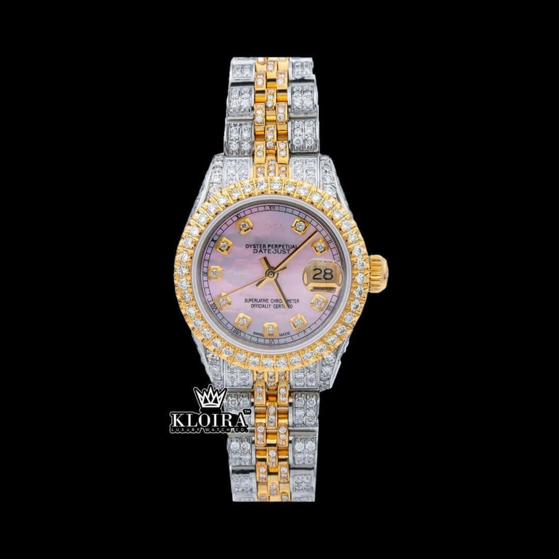 Pink Dial Diamond Markers Two Tone Moissanite Diamond Watch Front View