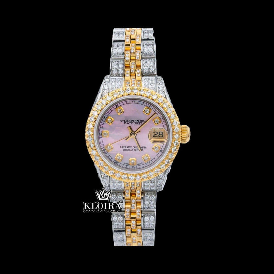 Pink Dial Diamond Markers Two Tone Moissanite Diamond Watch Front View