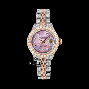 Pink Dial Diamond Markers Two Tone Rose Gold Moissanite Watch Front View