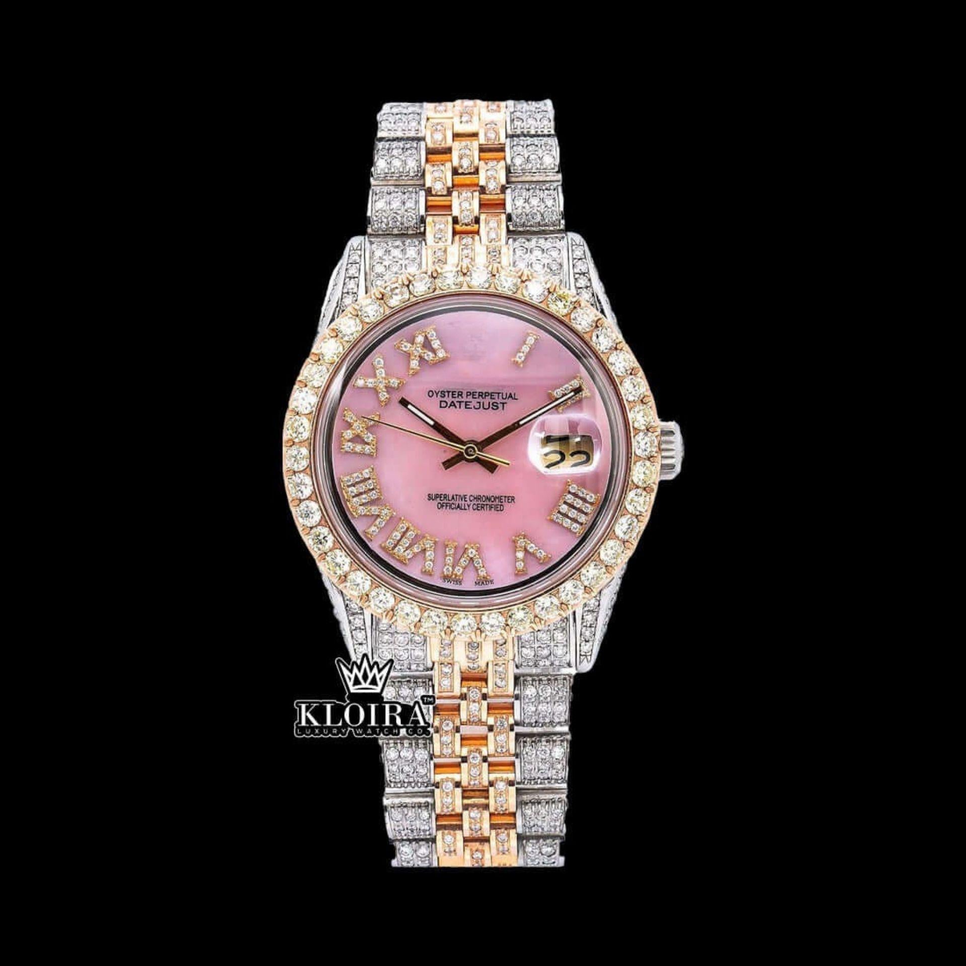 Pink Face Moissanite Diamond Watch 14K Gold VVS 18 Carat 42mm Front View