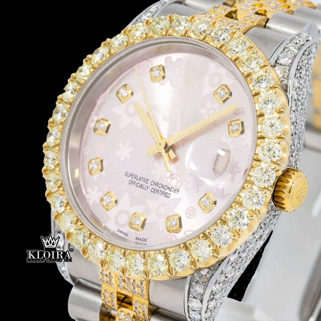 Pink Floral Dial Diamond Markers Two Tone Iced Out Moissanite Watch Front View