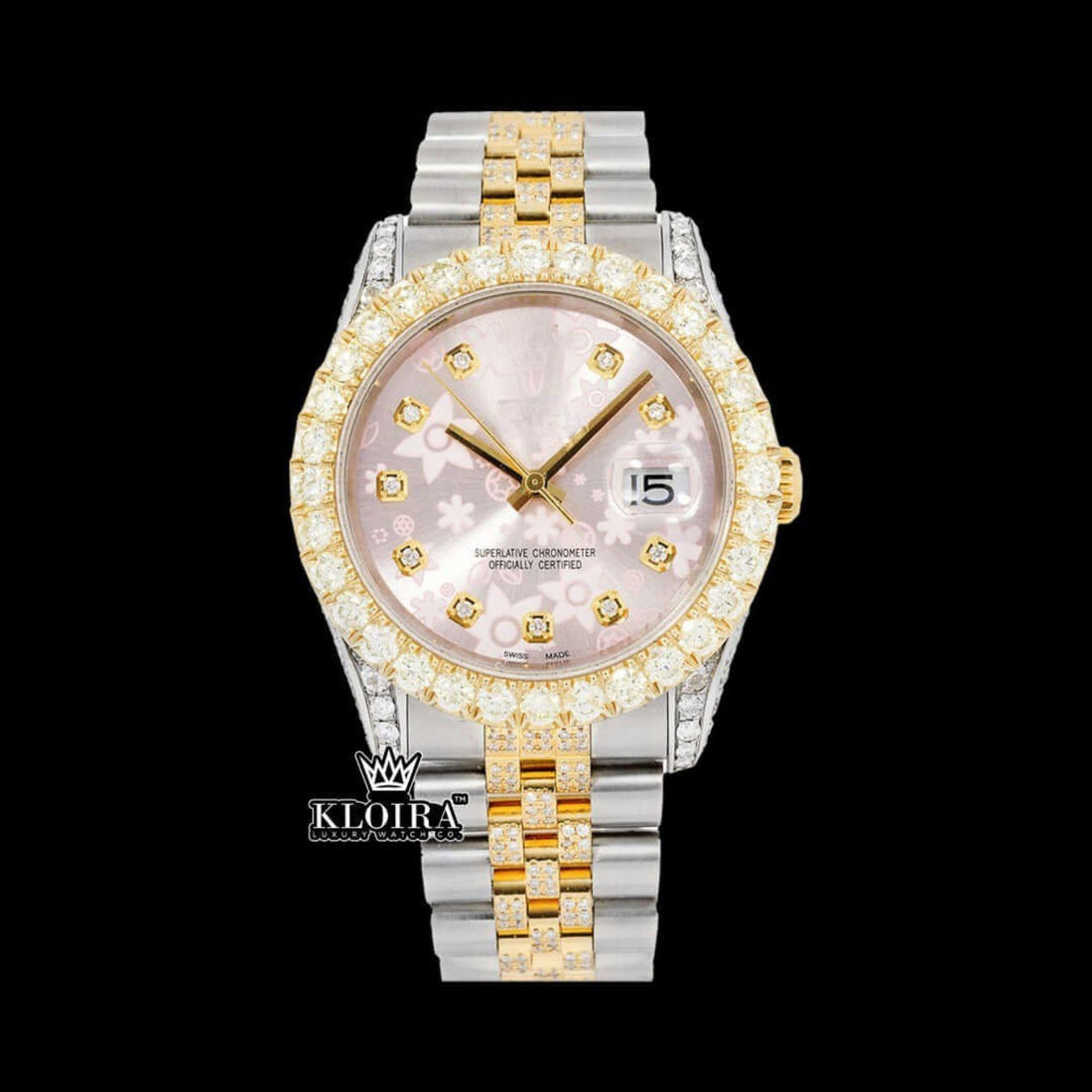 Pink Floral Dial Diamond Markers Two Tone Iced Out Moissanite Watch Front View