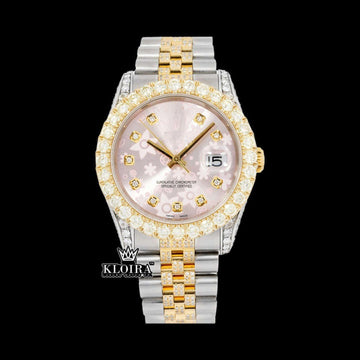 Pink Floral Dial Diamond Markers Two Tone Iced Out Moissanite Watch Front View