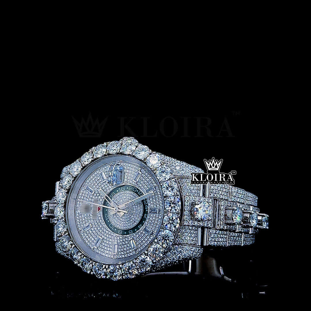 Iced Out Baguette Rolex Moissanite Watch with diamond-encrusted bezel and detailed silver dial.