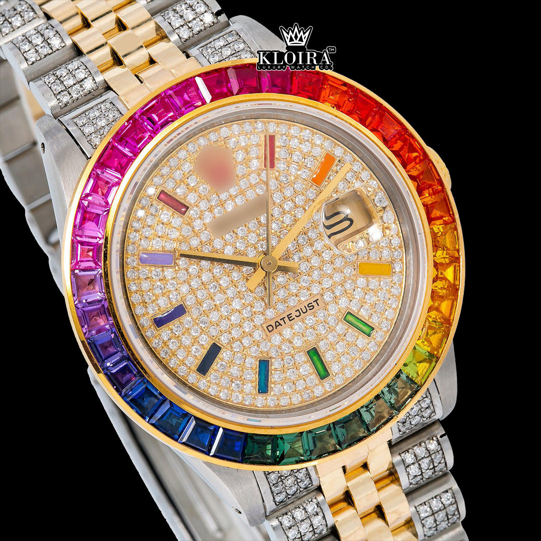 RainbowLux Moissanite Diamond Watch 14K Gold VVS 19 Carat 42mm Front