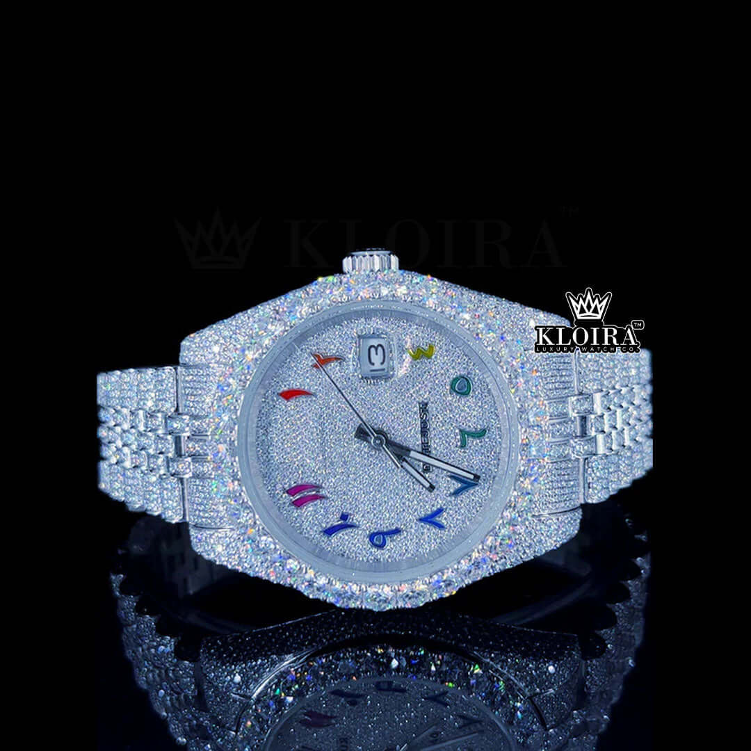 Rainbow Rolex Moissanite Diamond Watch with 3540 diamonds and 14K gold plating by Kloira.