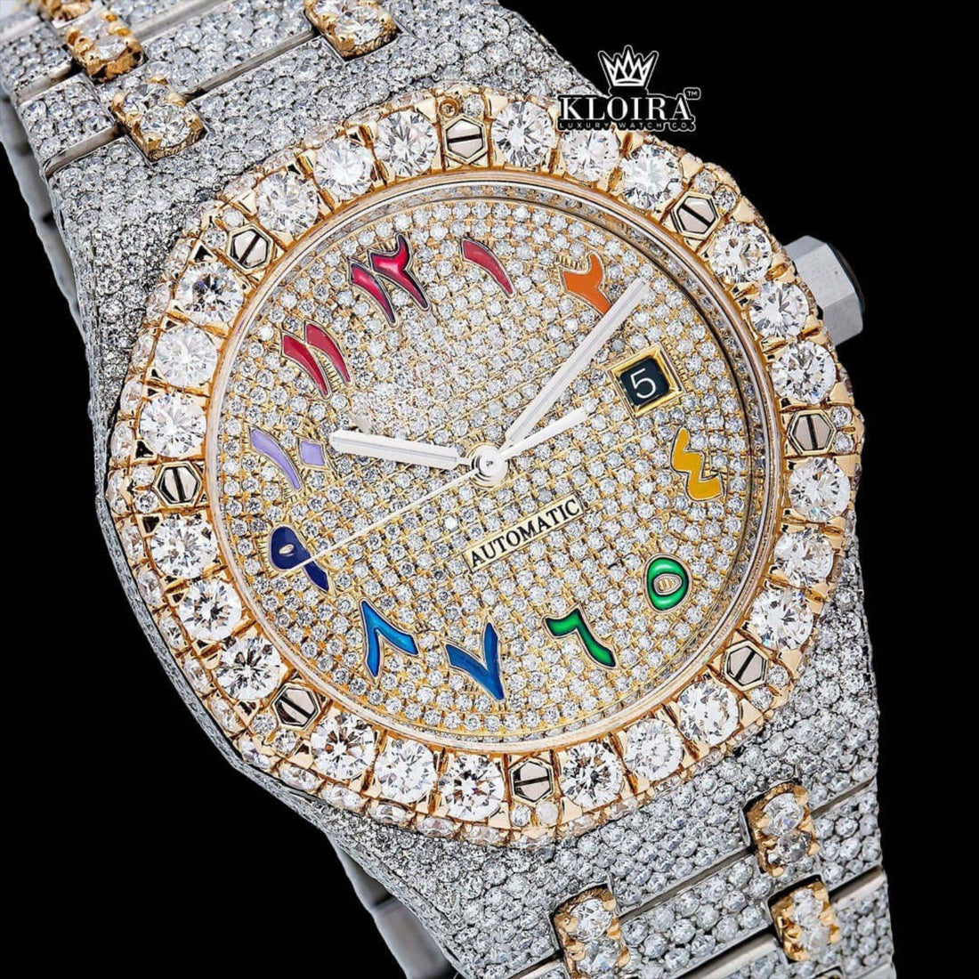 Rainbow Arabic Dial Two Tone Iced Out Moissanite Diamond Watch Front View