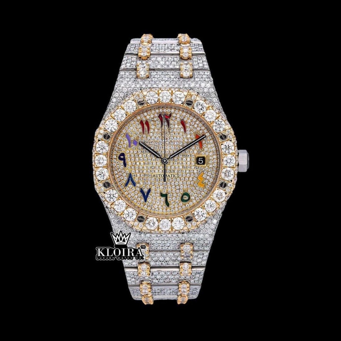 Rainbow Arabic Dial Two Tone Iced Out Moissanite Diamond Watch Front View