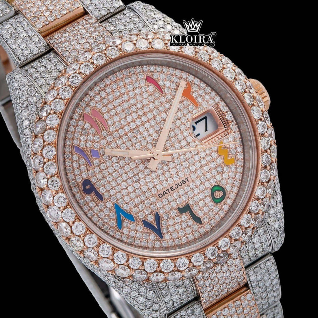 Rainbow Arabic Numerals Dial Date Display Two Toane Moissanite Watch Front View