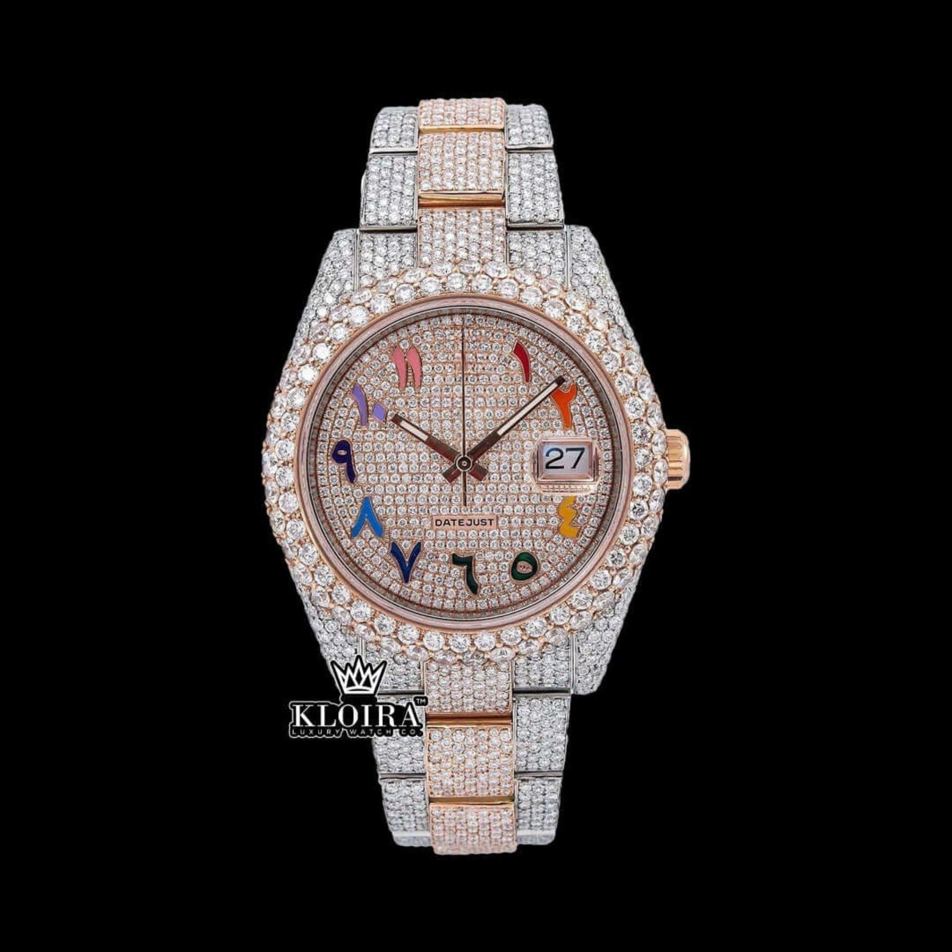 Rainbow Arabic Numerals Dial Date Display Two Toane Moissanite Watch Front View