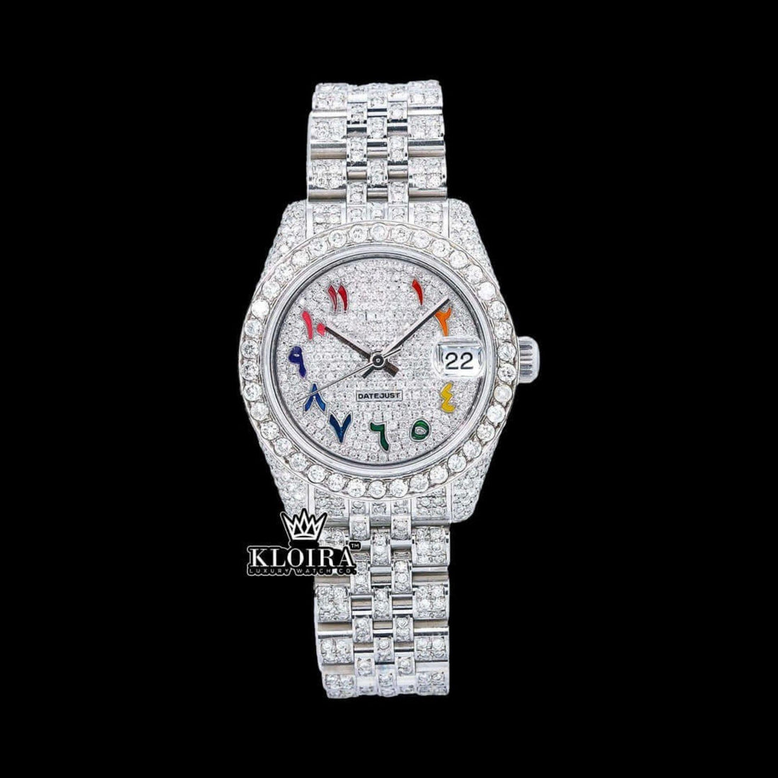 Rainbow Arabic Numerals White Dial Iced Out  Moissanite Diamond Watch Front View