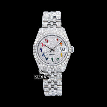Rainbow Arabic Numerals White Dial Iced Out  Moissanite Diamond Watch Front View