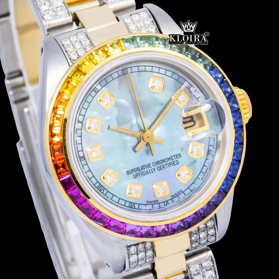 Rainbow Bezel Blue Dial Diamond Markers Two Tone Moissanite Watch Front View