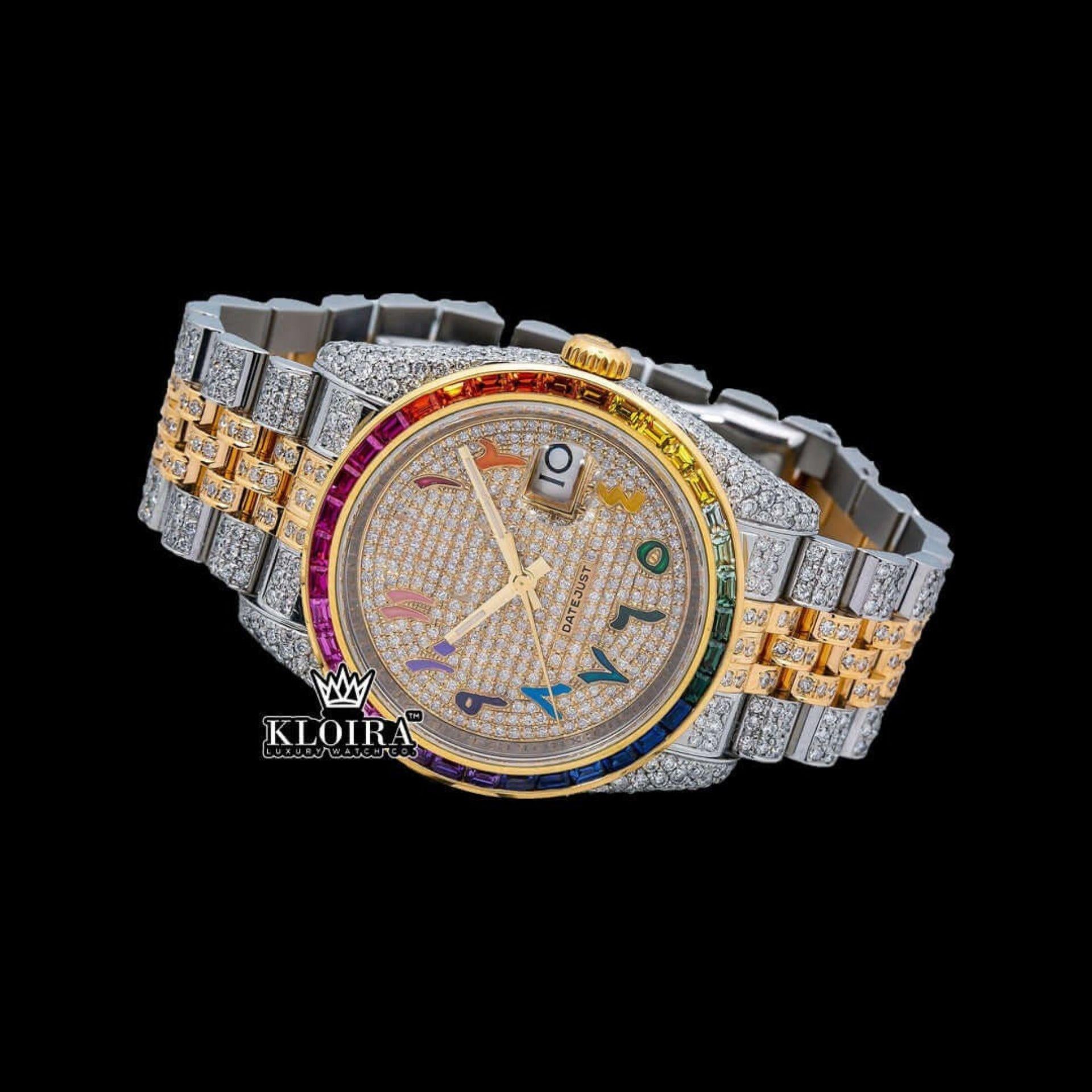 Rainbow Bezel Yellow Dial Rainbow Arabic Numerals Moissanite Diamond Watch Front View
