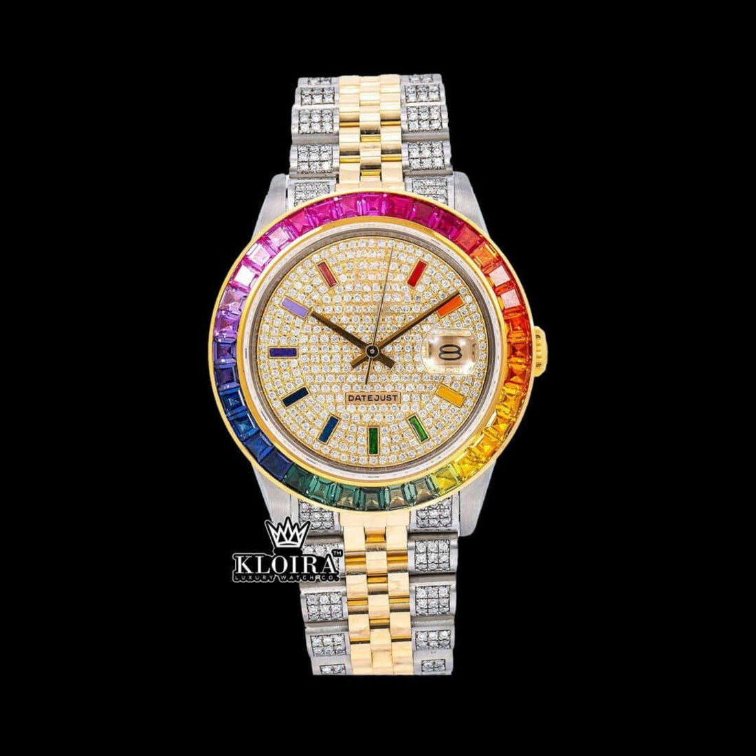 Rainbow Bezel Yellow Dial Rainbow Stick Markers Moissanite Diamond Watch Front View