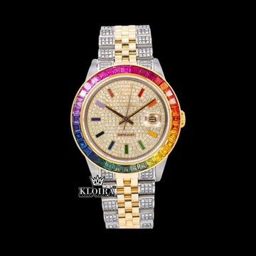 Rainbow Bezel Yellow Dial Rainbow Stick Markers Moissanite Diamond Watch Front View