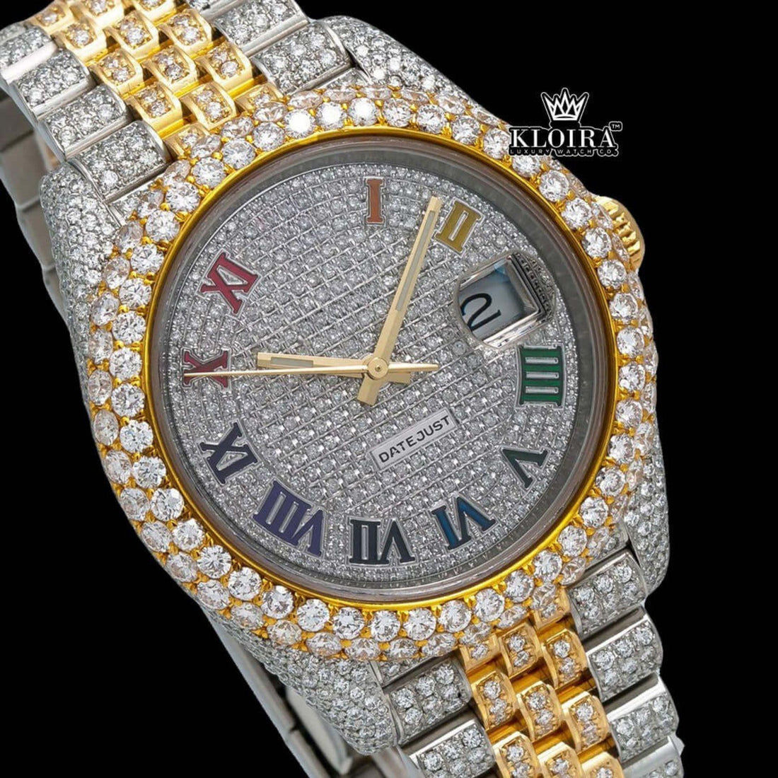 Rainbow Daytona Watch Two Ton Moissanite 14K Gold VVS 20 Ct 42mm Front View