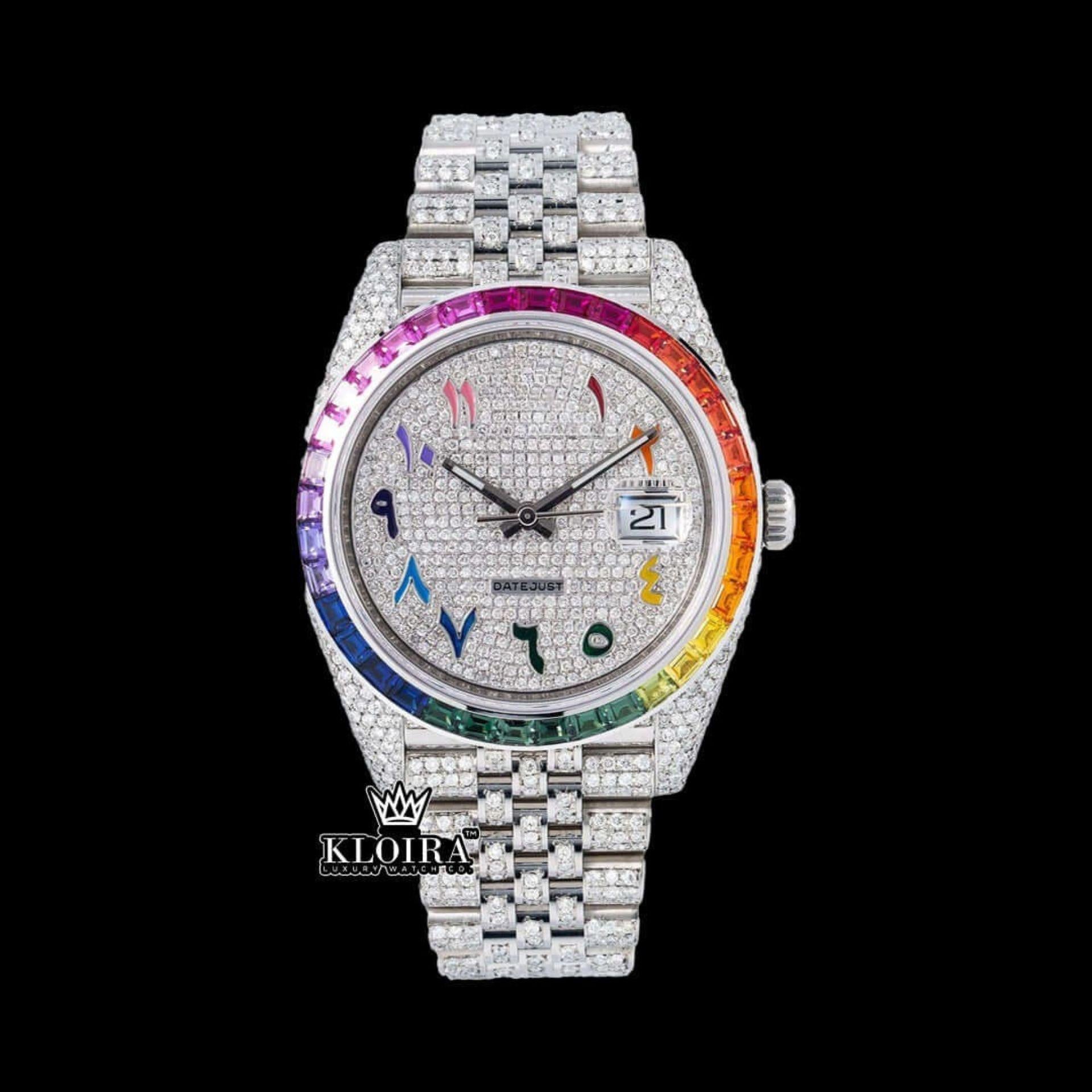 Rainbow Iced Out Moissanite Watch 14K Gold VVS 18 Carat 42mm Front View