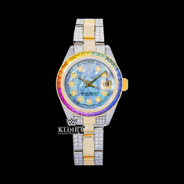 Rainbow Lux Moissanite Diamond Watch 14K Gold VVS 18 Carat 42mm Front View