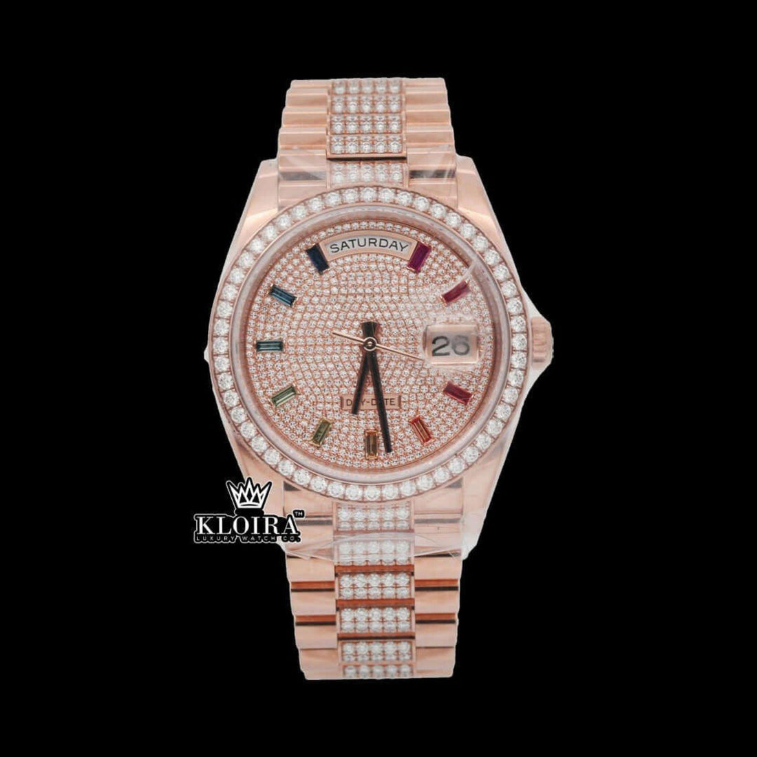 Rainbow Markers Dial Day Date Display Rose Gold Moissanite Watch Front View