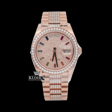 Rainbow Markers Dial Day Date Display Rose Gold Moissanite Watch Front View