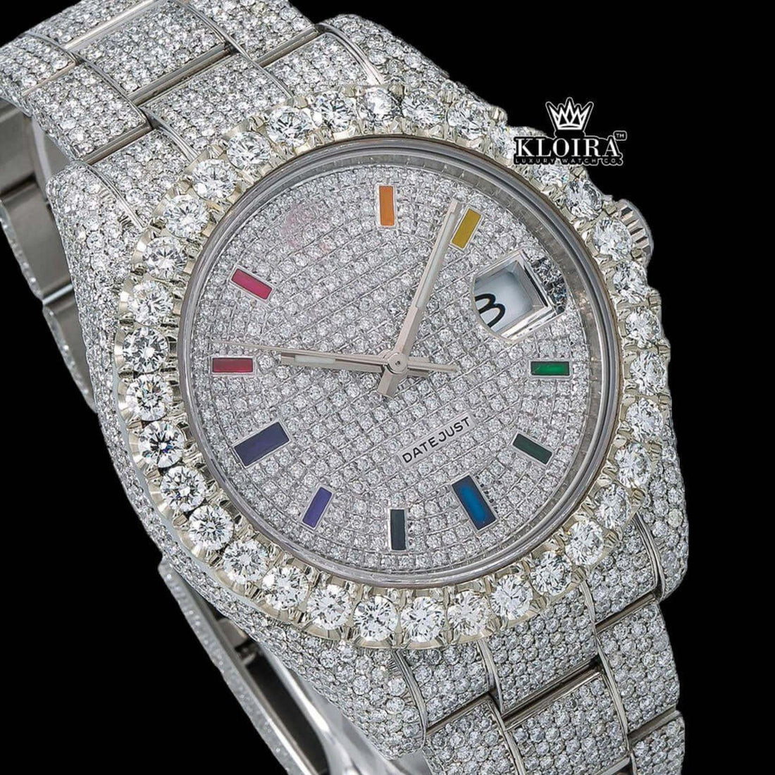 Rainbow Markers Silver White Dial Iced Out Moissanite Diamond Watch Front View
