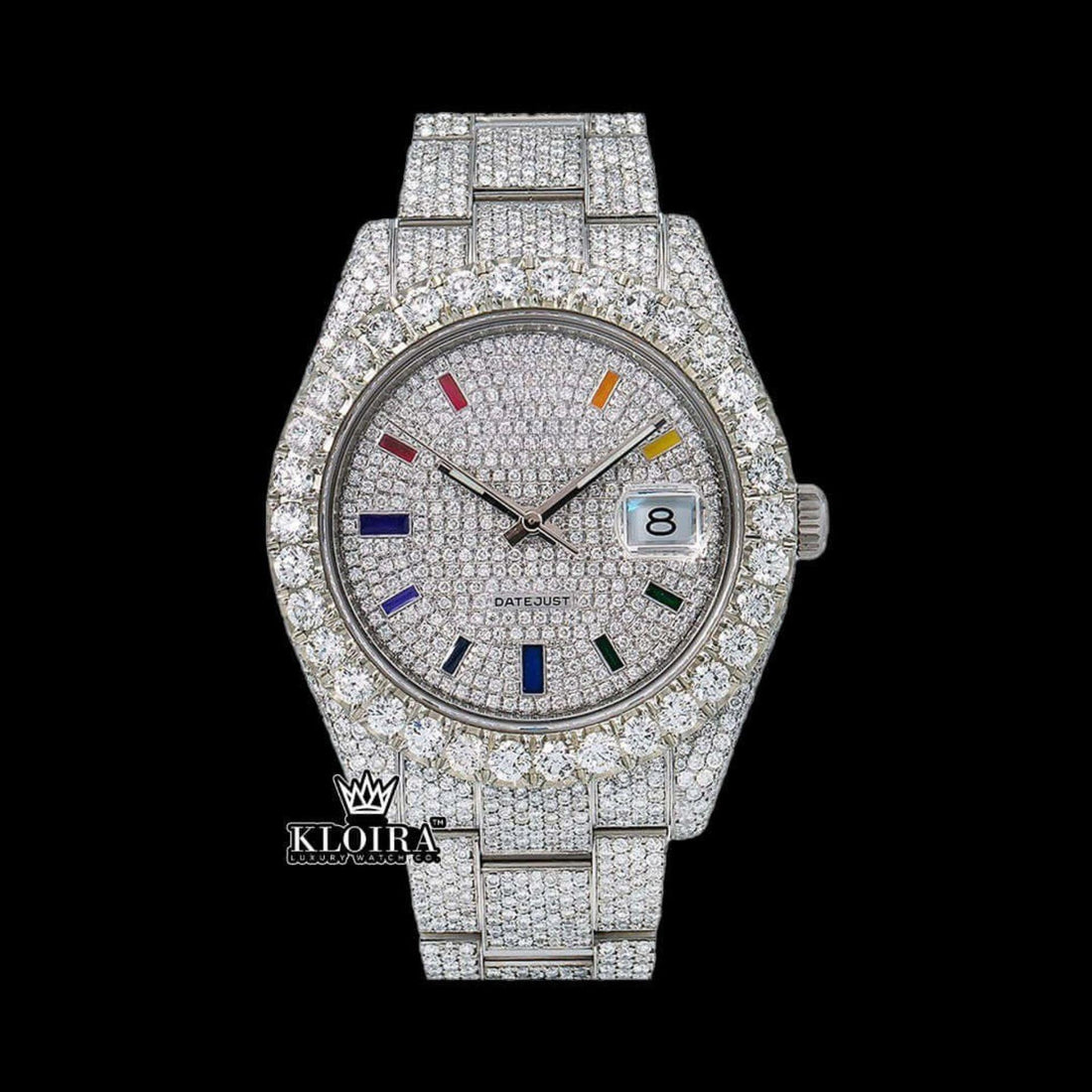 Rainbow Markers Silver White Dial Iced Out Moissanite Diamond Watch Front View